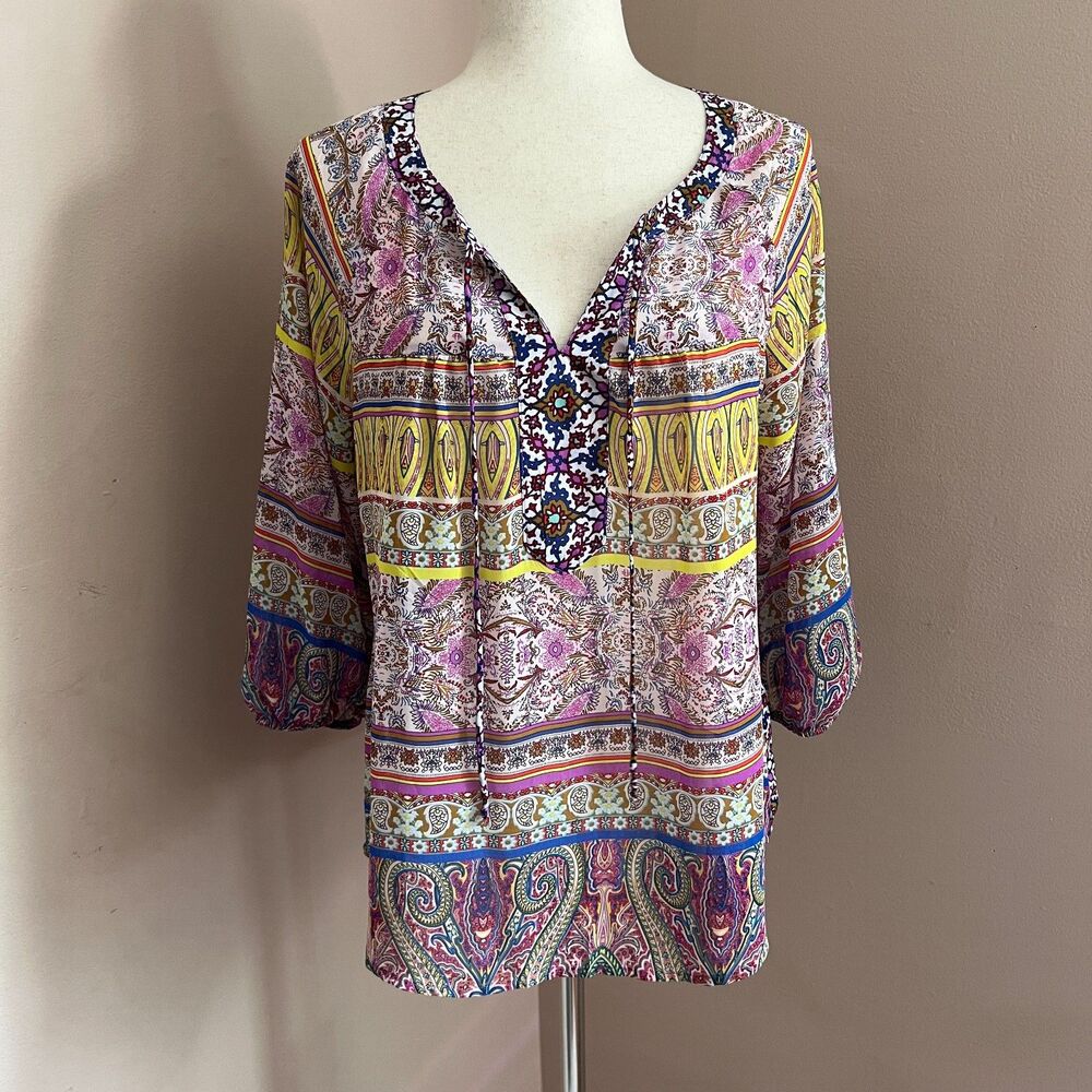 Fig & Flower Boho Patchwork Paisley Blouse Lace Back Peasant PXL